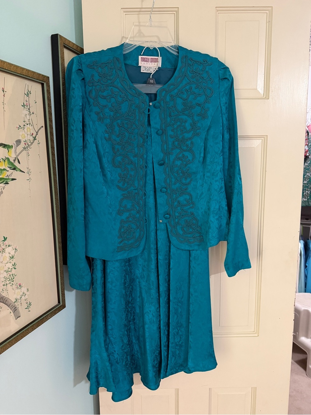 Maggy London Teal Embroidered Jacket and Dress Set